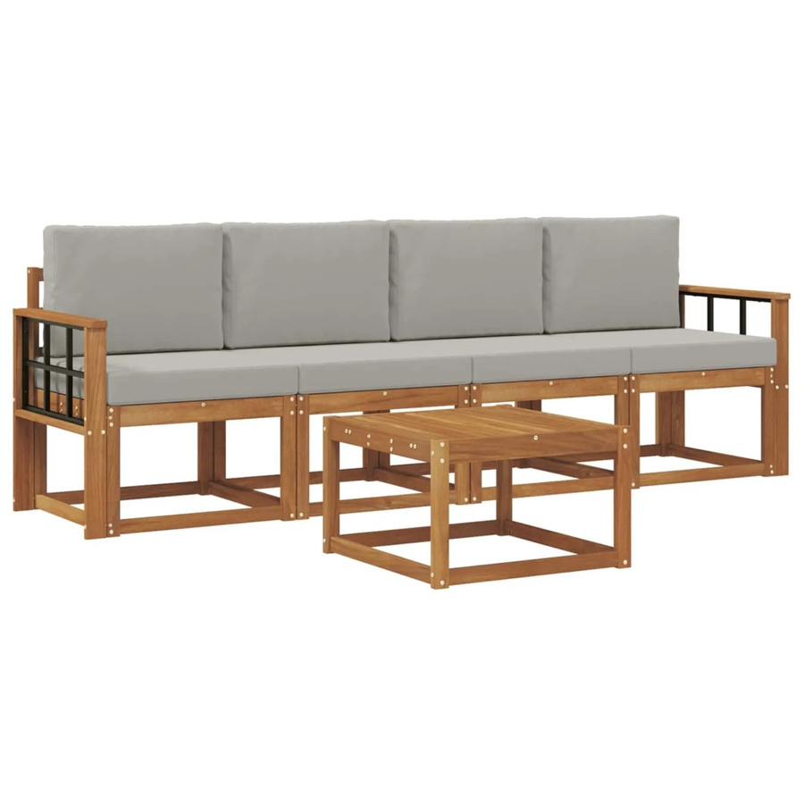 vidaXL Outdoor-Sofagarnitur aus Akazienholz mit 5 Teilen und Kissen in Natur und Grau - Bild 2