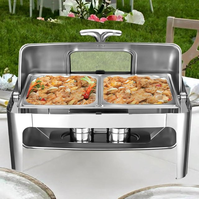 HiMISS Roll-Top Chafing Dish Buffet-Set aus Edelstahl in Silber, rechteckiger Speisenwärmer mit Sichtdeckel - Bild 1