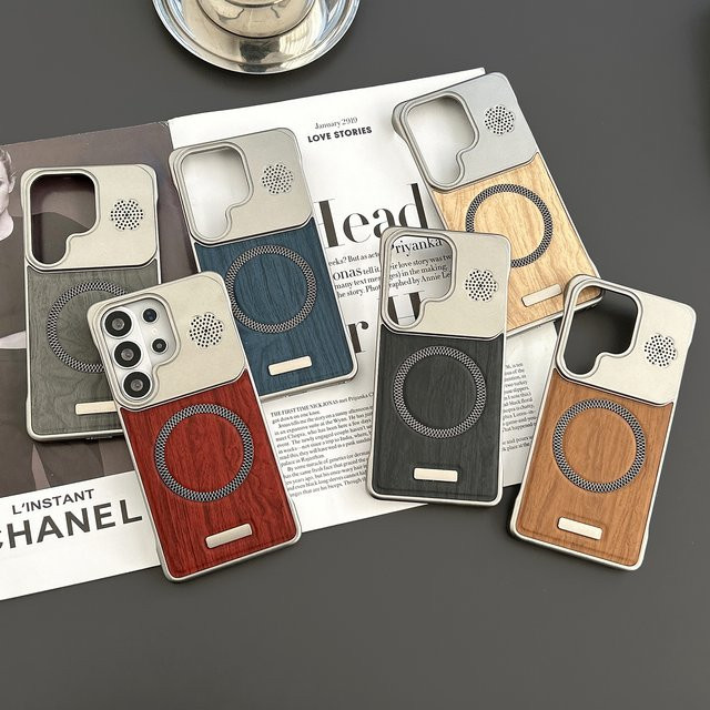 Magnetische Lederhülle mit Holzstruktur für Samsung Galaxy S26 Ultra und S26 Plus in Grau - Bild 1