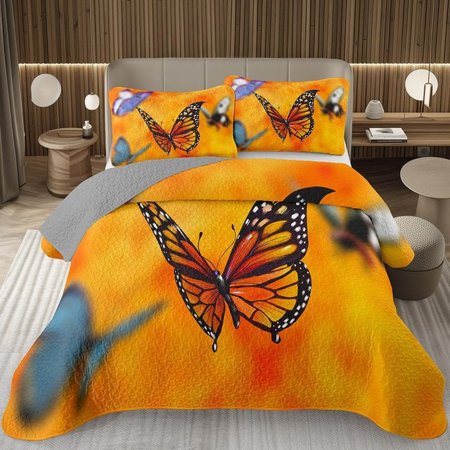 Binchi Fitness Wendbare Gesteppte Tagesdecke mit Schmetterlings- und Blumenmuster in Orange, B/B: 210 x 210 cm - Bild 1