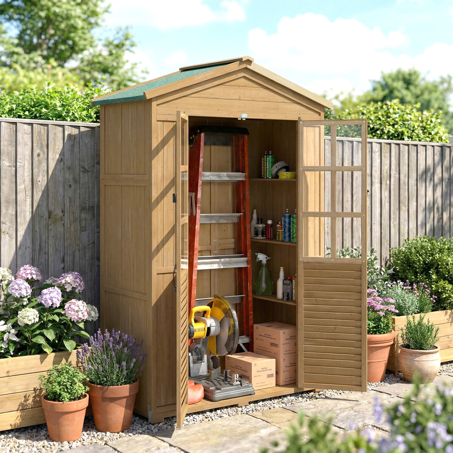 Outsunny Gartenschrank aus Holz in Hellbraun mit Ablage, abschließbarer Tür und Asphalt-Dach, B/T/H: 128 x 57,5 x 197 cm - Bild 2