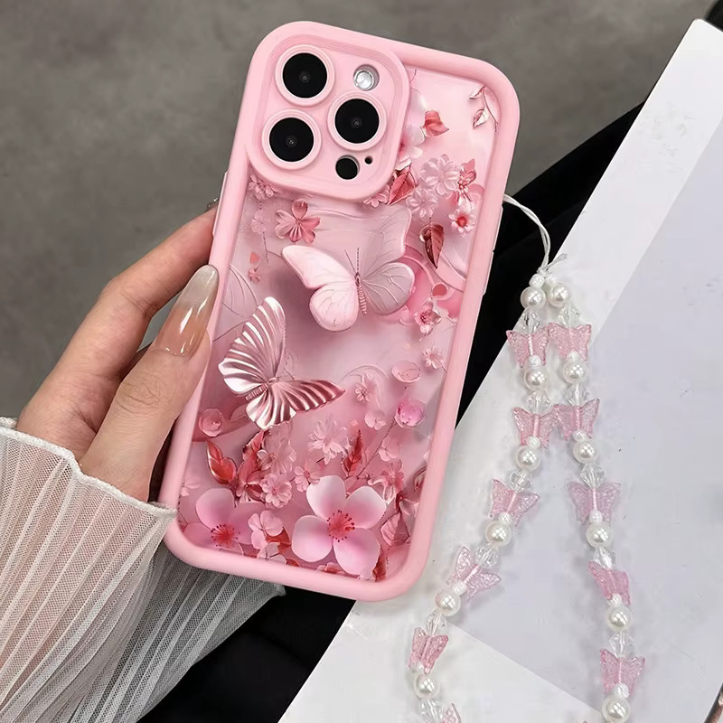 Handyhülle mit Blumen und Schmetterling Charm in Rosa für iPhone 11 bis iPhone 17 Pro Max, Silikon Soft Cover - Bild 2