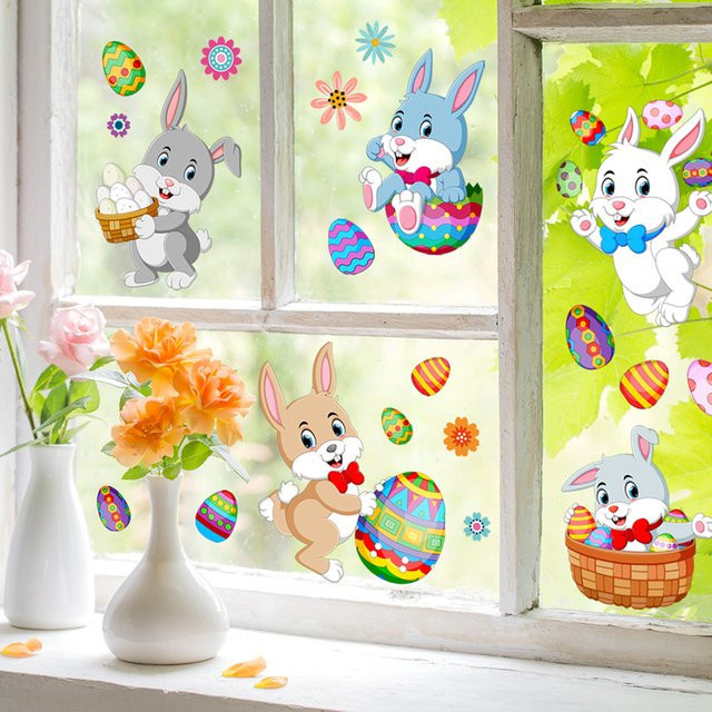 ZQNYCY 2er-Set Osterhasen-Ei-Fensteraufkleber mit Cartoon-Kaninchen für Kinderzimmer und Ostern-Dekoration, Mehrfarbig - Bild 1