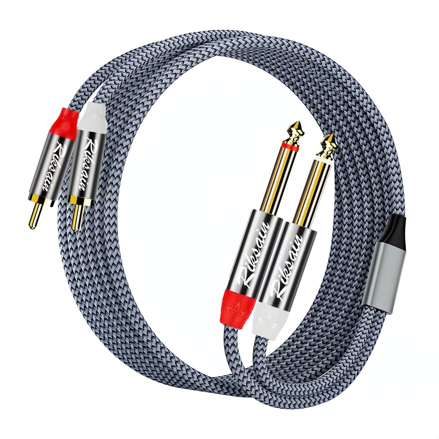 Riksoin Stereo-Audiokabel 2x 6,35-mm-TS auf Dual-RCA mit vergoldeter Kupferhülle in Grau - Bild 5