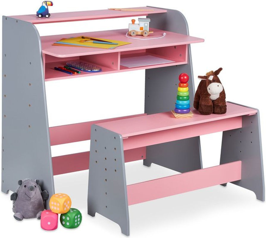 Relaxdays Kinderschreibtisch mit Sitzbank in Rosa/Grau, höhenverstellbarer Schreibtisch aus Holz mit 2 Fächern, H x B x T: 48 x 88 x 90 cm - Bild 1