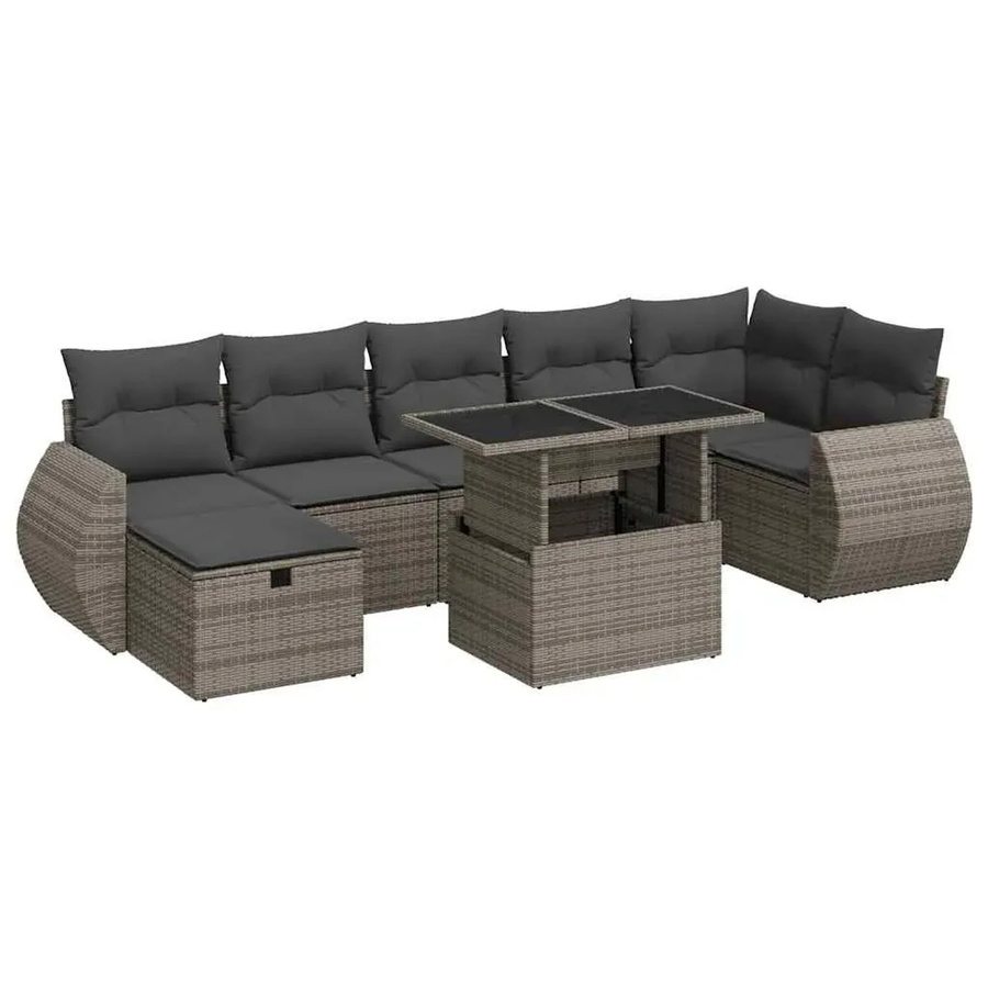 vidaXL 8-teilige Garten-Sofagarnitur in L-Form aus Polyrattan mit Kissen und Couchtisch in Grau - Bild 2