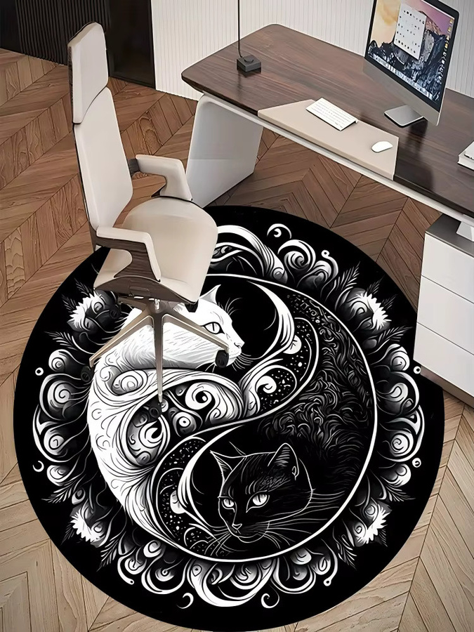 VIKAMA Runde Bodenmatte Yin-Yang Schwarz-Weiß-Katze für Wohnzimmer, Schlafzimmer und Spielzimmer, Durchmesser: 60 cm - Bild 6