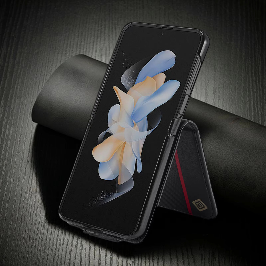 Magnetische Kohlefaser-Lederhülle mit Kartenhalter für Samsung Galaxy Z Flip 6 in Schwarz - Bild 1