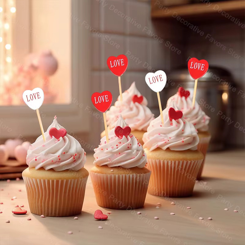 100 Stück ZQNYCY Herz Cupcake Topper aus Bambus in Rot für Hochzeit, Valentinstag und Party Dekoration - Bild 2
