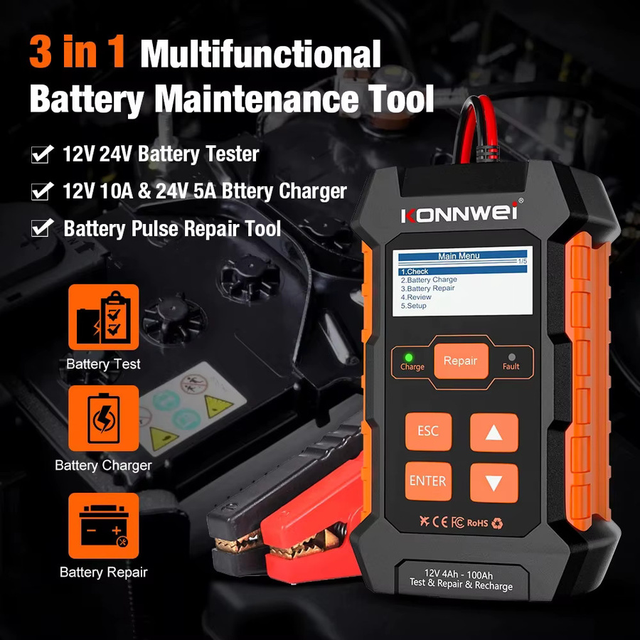 KONNWEI KW520 Automatischer Batterie Tester und Ladegerät für Auto und Lkw in Schwarz, 12V 10A und 24V 5A, für Blei, Acid, AGM, Gel und Lithium mit Puls Reparatur Funktion - Bild 3