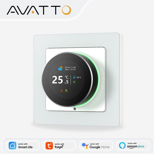 AVATTO WiFi Smart Knob Thermostat in Weiß mit Glasoberfläche zur Steuerung von elektrischer Fußbodenheizung sowie Wasser- und Gaskesseln, kompatibel mit Tuya, Google Home und Alexa - Bild 1