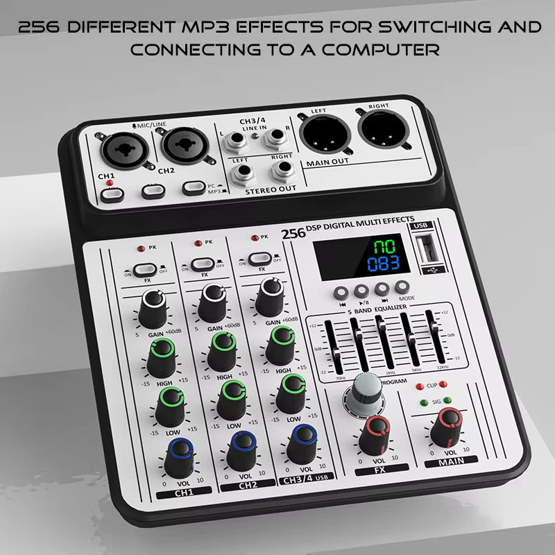 VBNM Professioneller 4-Kanal 256DSP Audio Mixer mit 48V Phantomspeisung, USB und Bluetooth in Weiß - Bild 3