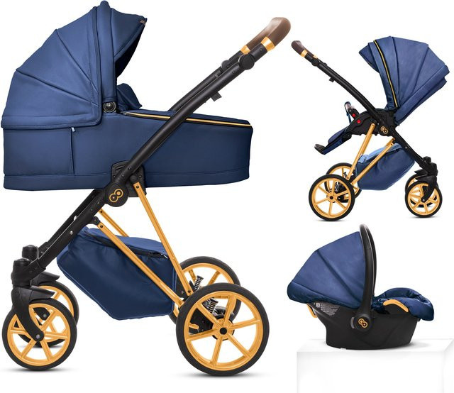 TPFLiving 3in1 Kinderwagen Royal aus Kunstleder in Blueberry mit Goldgestell - Bild 1