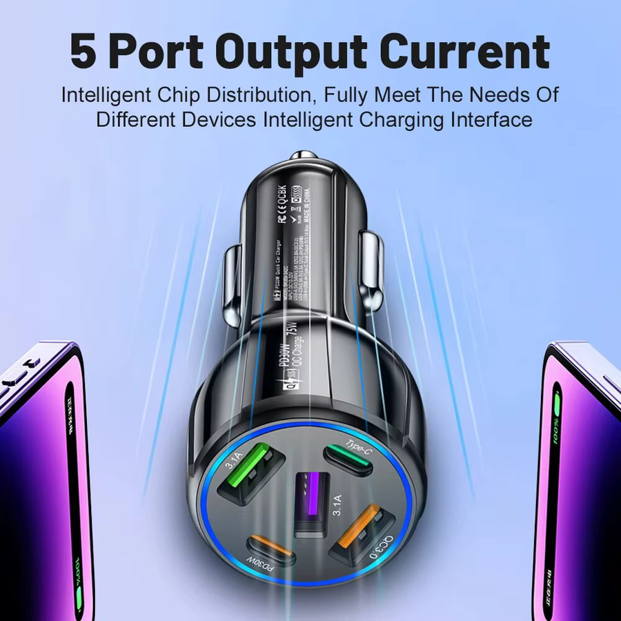75 W Auto Ladegerät mit 5 USB-Ports inklusive USB Typ C und PD Quick Charge 3.0 in Schwarz für iPhone, Samsung, Xiaomi und Huawei - Bild 3