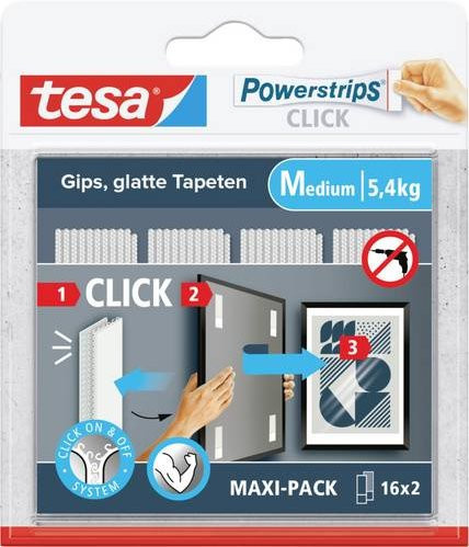 Tesa Powerstrips CLICK Medium selbstklebende Wandbefestigung, 16 Paar, weiß - Bild 1