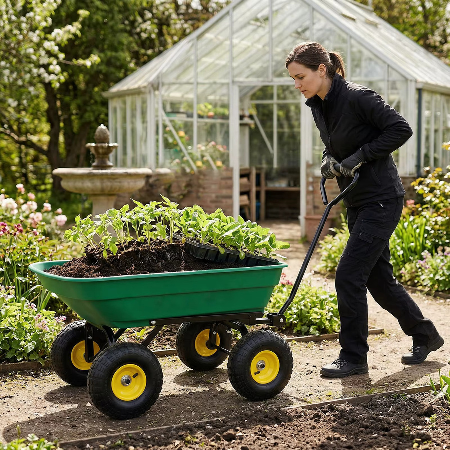 HGTUGO Gartenwagen in Grün mit 55L Volumen, kippbarem Aufbau, verstellbarem Griff und 4 Reifen - Bild 5