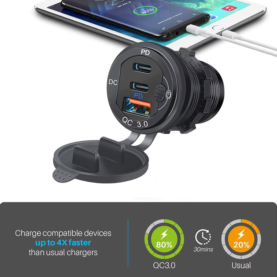Kebidumei 12/24 V Autoladegerät mit 3 Ports, QC 3.0 und PD Typ C Schnellladegerät-Adapter aus Aluminium in Silber - Bild 2