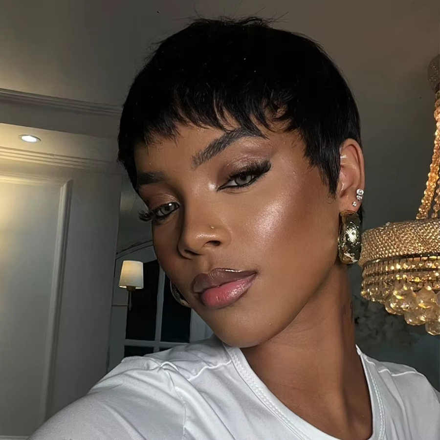 OYM HAIR Pixie-Schnitt Perücke, Echthaar, kurz, gerade, mit Pony, Damen - Bild 2
