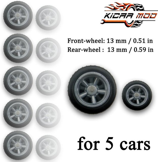 Hot Wheels Tuningteile für Modellautos, 1/64 Vorderrad Klein Hinterrad Groß, mit abnehmbaren Gummireifen, Fünf Speichen - Bild 1