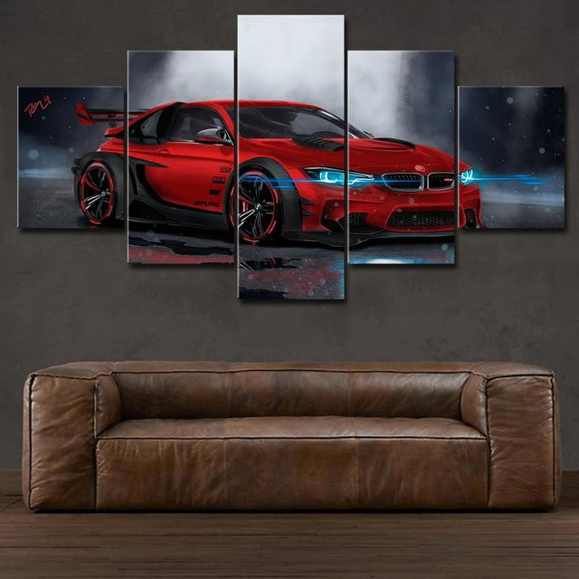 Aidegou27 Wandkunst Leinwand Gemälde Set mit 5 modularen Postern Rote Sportwagen in Schwarz, HD-Druck für Wohnzimmer, B/H: 20 x 35 cm (2 Stück), B/H: 20 x 45 cm (2 Stück), B/H: 20 x 55 cm (1 Stück) - Bild 1