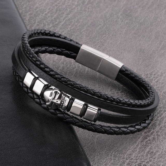 Armband Edelstahl, Leder, geflochten, Herren, 22 cm, silber - Bild 1