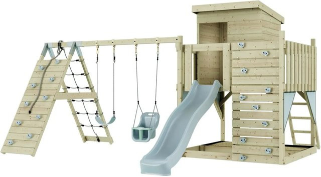 PolarPlay Spielturm Frida aus Holz mit Babyschaukel und Rutsche, Blau - Bild 1