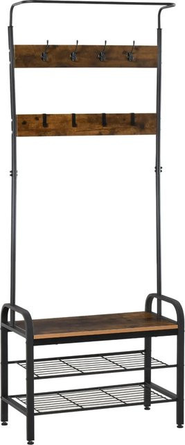 HOMCOM Garderobenständer im Retro-Design mit 8 Haken und Sitzbank, Schwarz, B/T/H: 72 x 34 x 185 cm - Bild 1