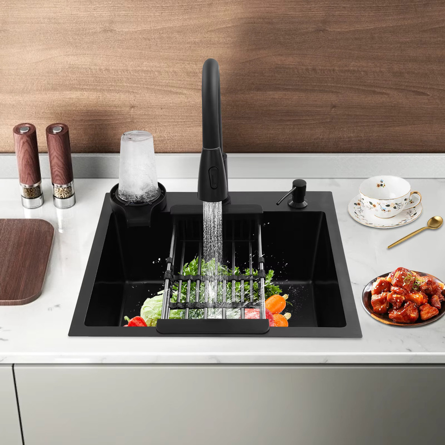 Küchenspülbeckenset Bymaocar aus Edelstahl in Schwarz mit ausziehbarem Wasserhahn, Tassenspüler, Abflusskorb und Seifenspender, B/T: 50 x 45 cm - Bild 2