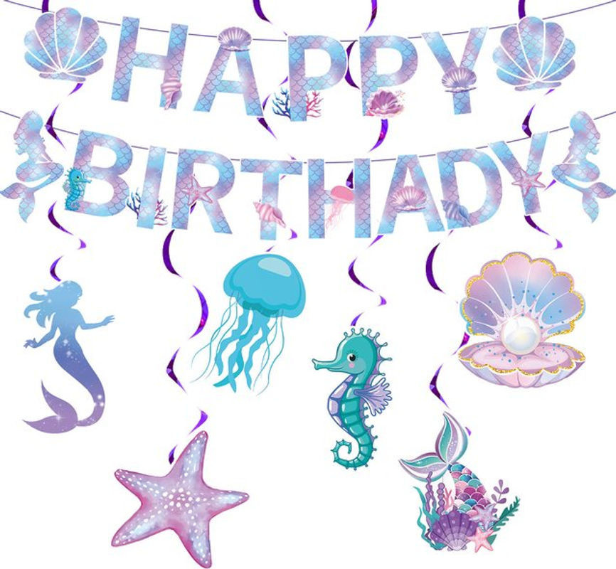 Mehrfarbiges Meerjungfrau Geburtstag Party Banner mit Fischschwanz als hängende Papier-Dekoration im maritimen Design - Bild 1