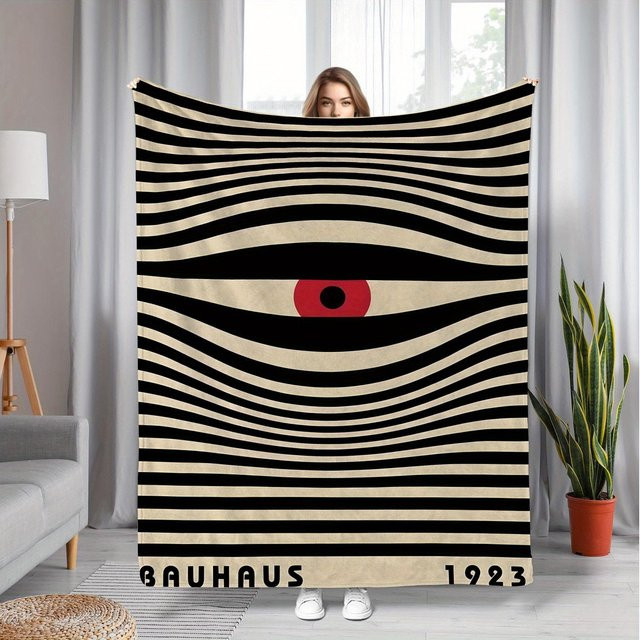 JMG Household Supplies Bauhaus Auge Flanell Decke mit gestreiftem Retro-Muster in Rot, Schwarz und Beige, B/H: 130 x 150 cm - Bild 1