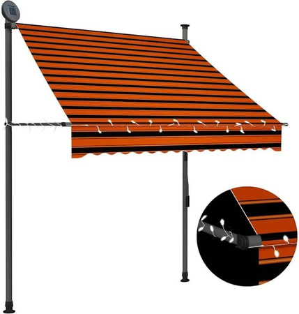 vidaXL Einziehbare Markise Handbetrieben mit LED in Orange Braun aus Polyester und Stahl, Breite: 150 cm, Ausladung: 120 cm, Breite: 200 cm