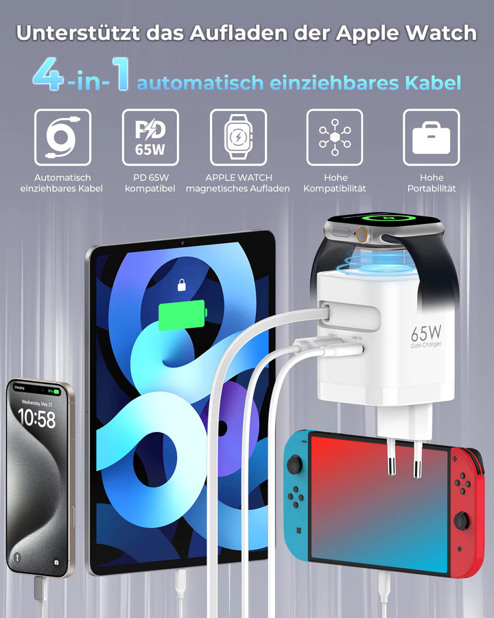 TOPADRE 65W Kabelloses Ladegerät in Weiß: Faltbares Schnellladegerät für Apple Watch, iPhone, iPad und MacBook - Bild 2