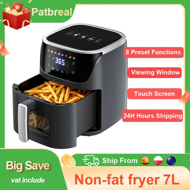 Patbrela Heißluftfritteuse Airfryer Oven mit 7 Liter Volumen, 1500 W, Schwarz, mit Sichtfenster, LED-Touchscreen, 8 Programmen und Warmhaltefunktion - Bild 1