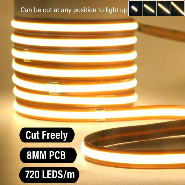 HEGEHE COB-LED-Streifen warmweiß, 24 V, superhell, 720 LEDs/m, selbstklebend und frei schneidbar, 8 mm PCB, lineare Beleuchtung, Farbe: Weiß - Bild 1