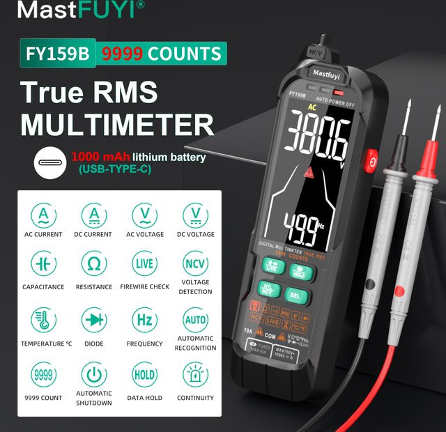 MASTFUYI Digitalmultimeter True RMS 9999 Counts Auto-Ranging Tester für Spannung, Strom, Kapazität und Widerstand bis 1000 V AC/DC und 10 A - Bild 1