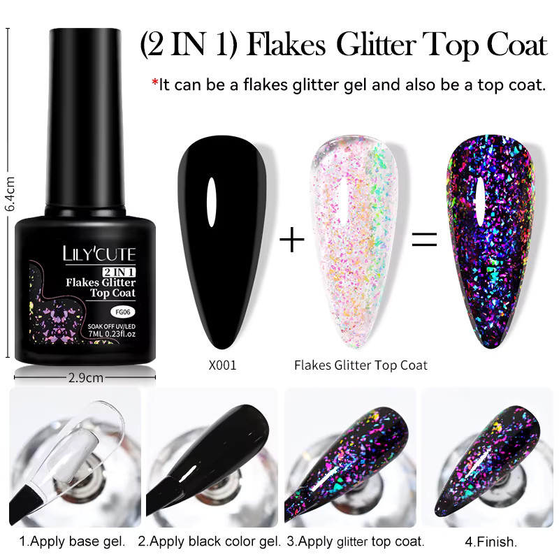 LILYCUTE Nagellack 2 in 1 Flakes Glitter Top Coat, 7 ml, Glänzend - Bild 6