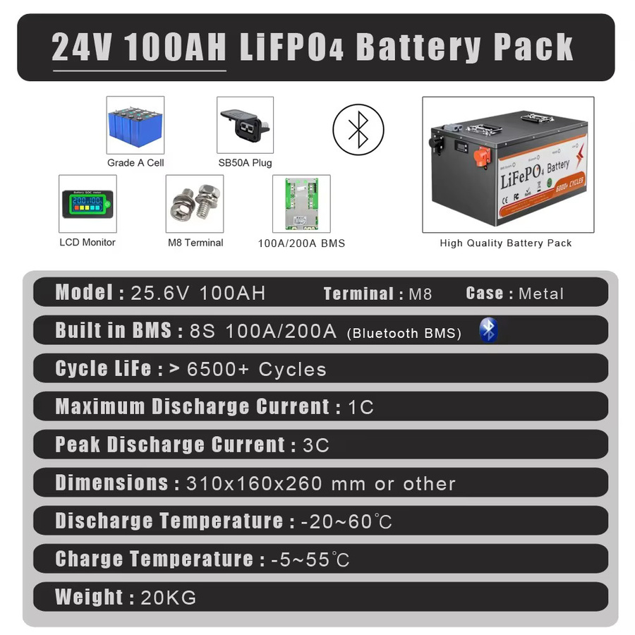 LiFePO4 Batteriepack 25,6V mit Bluetooth BMS für Solar-Haushaltsstromspeicher, Wohnmobil und Boot, 100Ah oder 200Ah verfügbar - Bild 8
