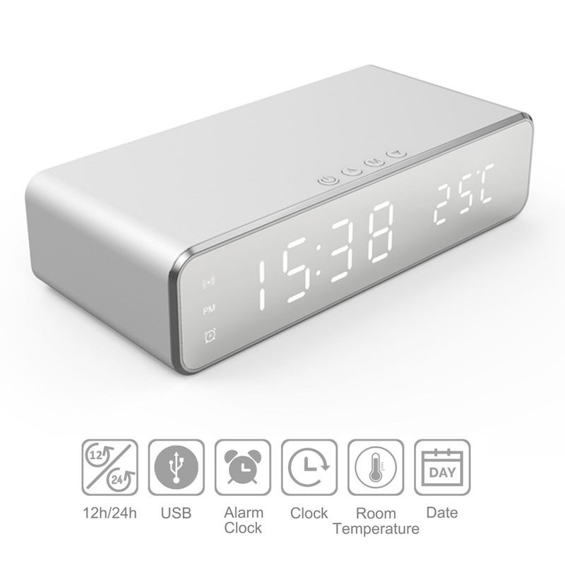 Tooarts Digitaler Wecker mit kabelloser Aufladung und Temperaturanzeige, minimalistisches Design aus Metall in Schwarz und Silber - Bild 3