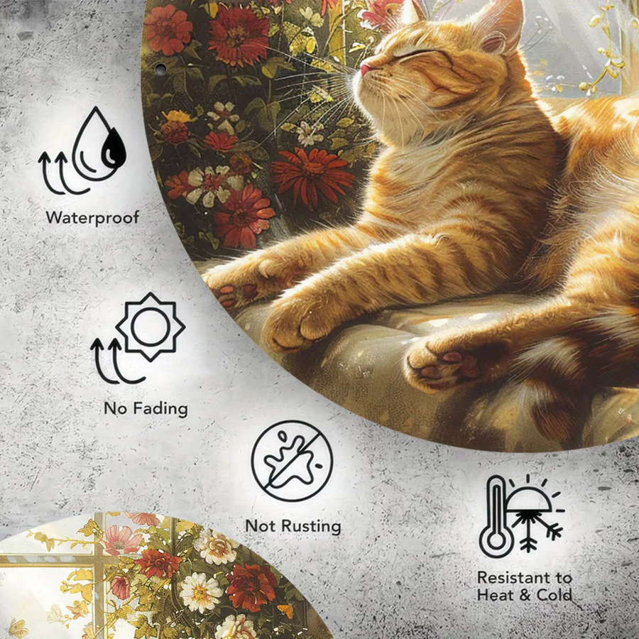 HELLOYOUNG Metallschild Ginger Tabby Cat in Sunlight mit floralem Motiv, rund, Mehrfarbig, Durchmesser: 20 cm - Bild 4