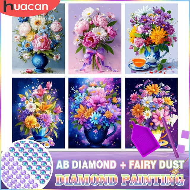 HUACAN Rose Diamond Mosaik-Diamantmalerei-Set mit Pfingstrosenblüte, AB-Feenstaub-Drill, rund, mehrfarbig, B/H: 30,0 x 20,0 cm - Bild 1