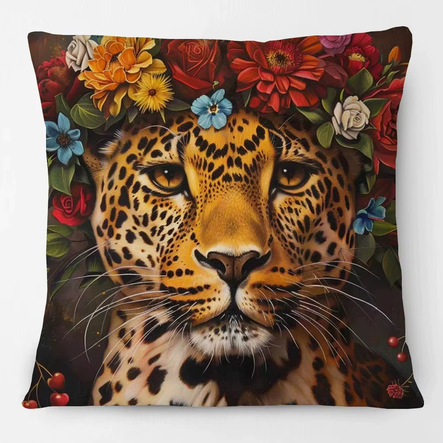 Eleganter Kissenbezug mit Tierporträt von Giraffe, Flamingo und Leopard in Mehrfarbig, quadratisch, 45 x 45 cm - Bild 2