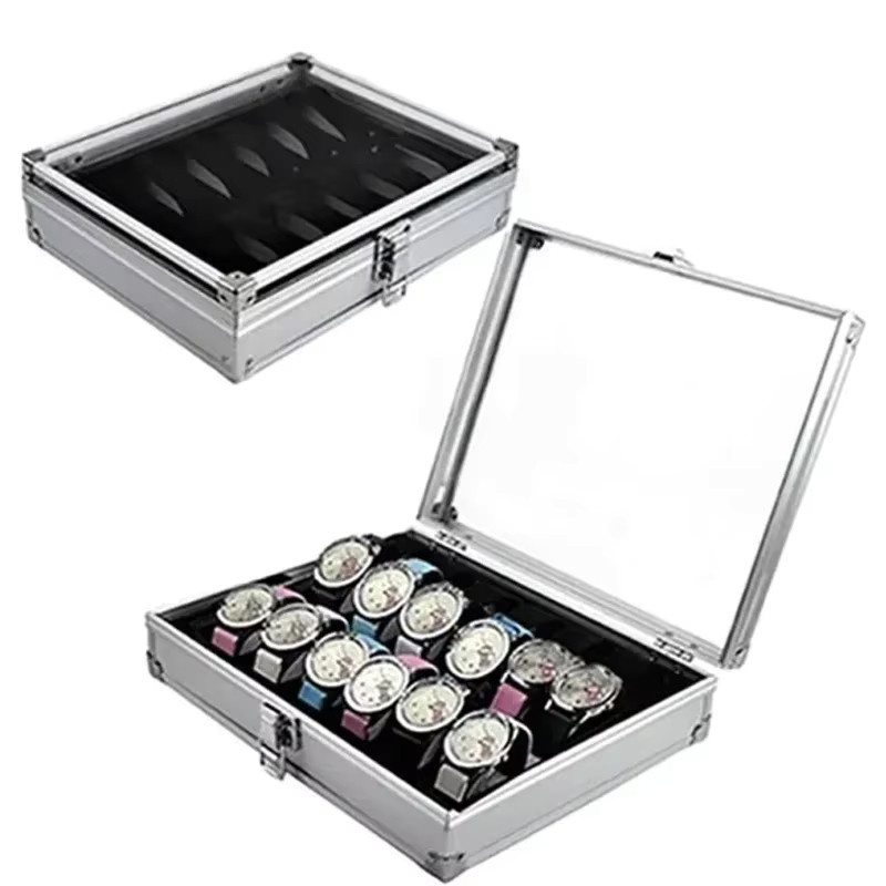 CAOWTAN Uhrenbox aus Aluminium in Silber mit 12 Fächern und Wildleder-Inlay, rechteckige Schmuck- und Uhren-Aufbewahrungsbox - Bild 4