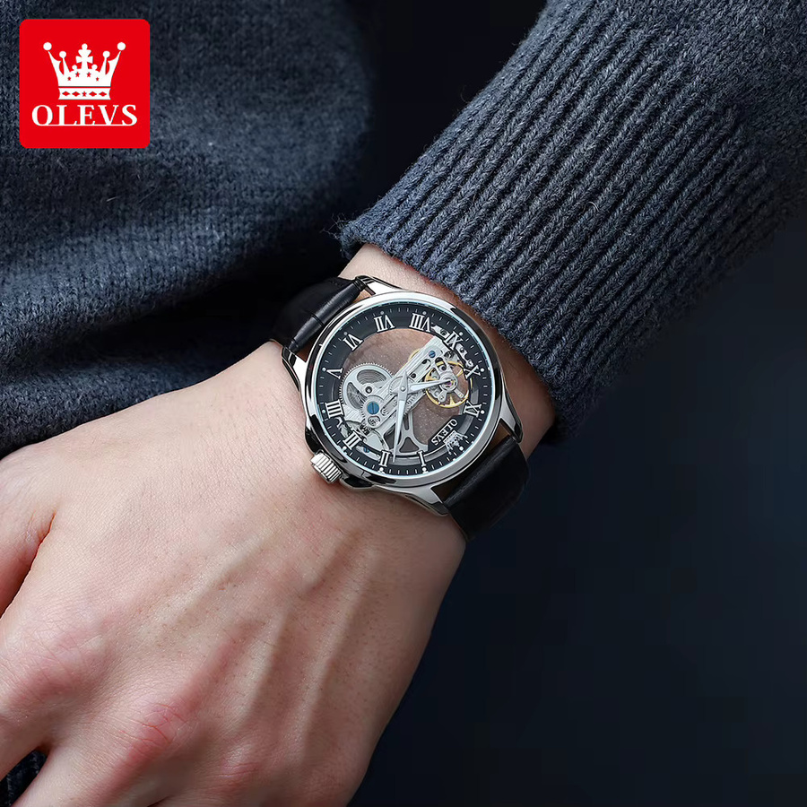 OLEVS Armbanduhr, Handaufzug, Leder, Schwarz, Bicolor, Herren - Bild 4