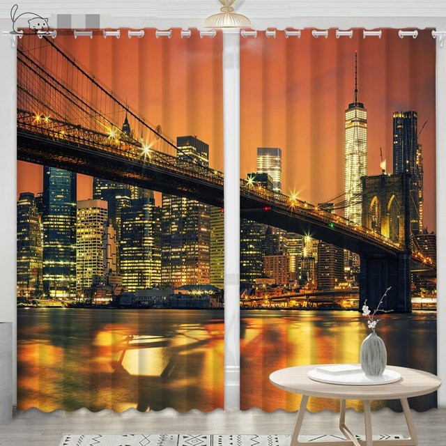 Moderne Vorhänge mit New York Skyline Nachtansicht in Schwarz und Weiß von A Family Of Home Textiles, halbtransparent mit Ösen, B: 75 cm, H: 166 cm, 2er-Set - Bild 1