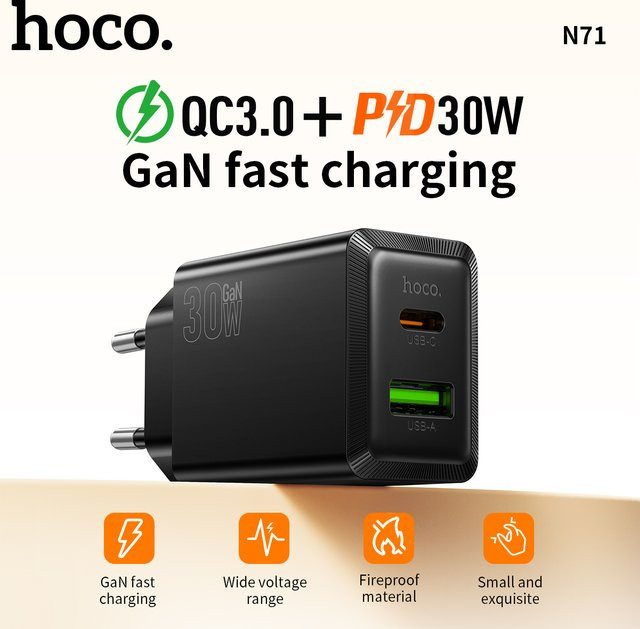 HOCO N71 EU Schnellladegerät mit PD 30W und QC 3.0 Dual-Ports USB-A und USB-C Wandadapter in Schwarz - Bild 1