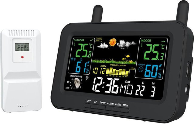 Neoglint Drahtlose Wetterstation mit LCD-Farbdisplay für Innen und Außen, Temperatur und Luftfeuchtigkeit, Schwarz - Bild 1