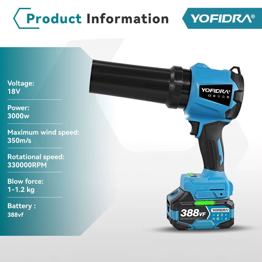 Yofidra Akku Turbo Gebläse Cordless Jet Fan für Makita 18V LXT, Blau, 350 m/s, 3000 W - Bild 2