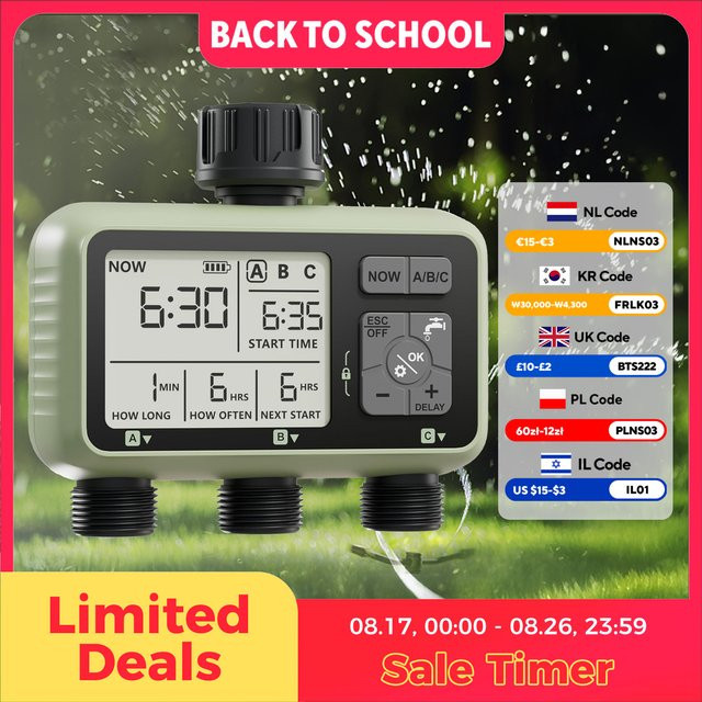 Diivoo Gartenwasser-Timer mit programmierbarer 3-Zonen-Bewässerung und Regenverzögerung für Rasen und Hof - Bild 1