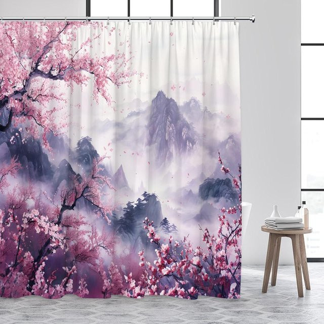 Baifenbai Home Furnishing Duschvorhang mit japanischem Landschaftsmotiv in Rosa und Kirschblüten, Breite: 150 cm, Höhe: 180 cm - Bild 1