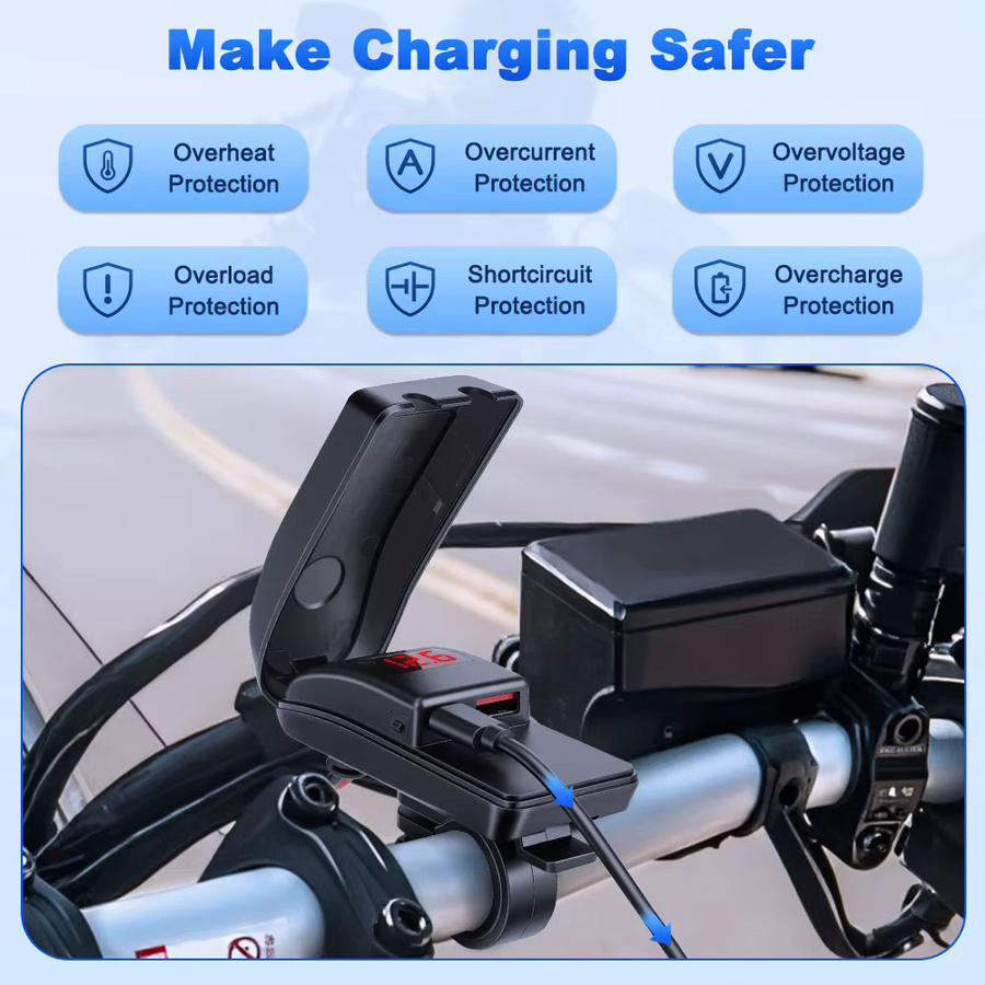 Elektrisches Motorrad-Handy-Ladegerät mit USB-A und USB-C, IPX5 wasserdicht, 12 V, Schwarz - Bild 3